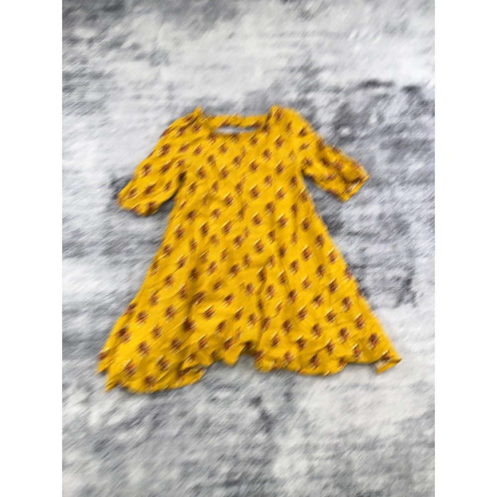 Old Navy Girls Mustard Yellow Floral Medallion Flare Dress 5T 3/4 Sleeve Keyhole